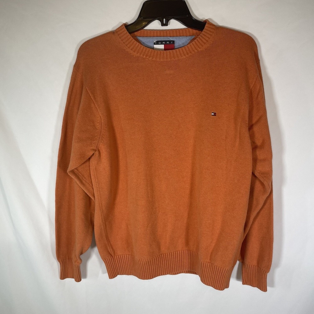 Vintage Tommy Hilfiger Crest Logo Mens Orange Pullover Sweater Small S Heavy